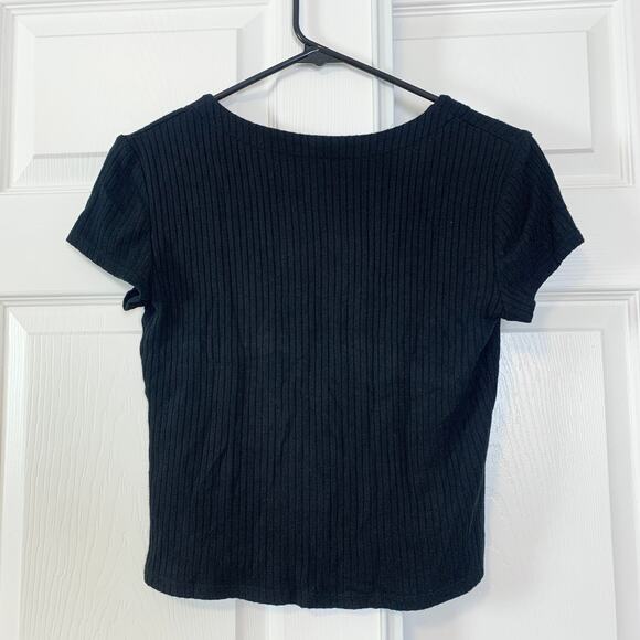 Reformation Nella Button Front Rib V-Neck Short Sleeve Knit Top Shirt Black XS - Picture 6 of 7